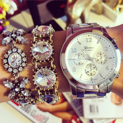 Metal Oversized Geneva Platinum Watch- Silver