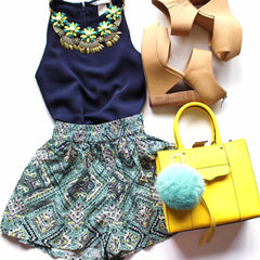 Floral Jeweled Gemstone Necklace- Teal