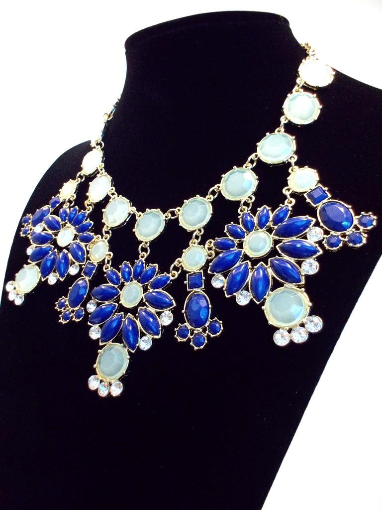 Jeweled Floral Snowflakes Statement Necklace- Blue