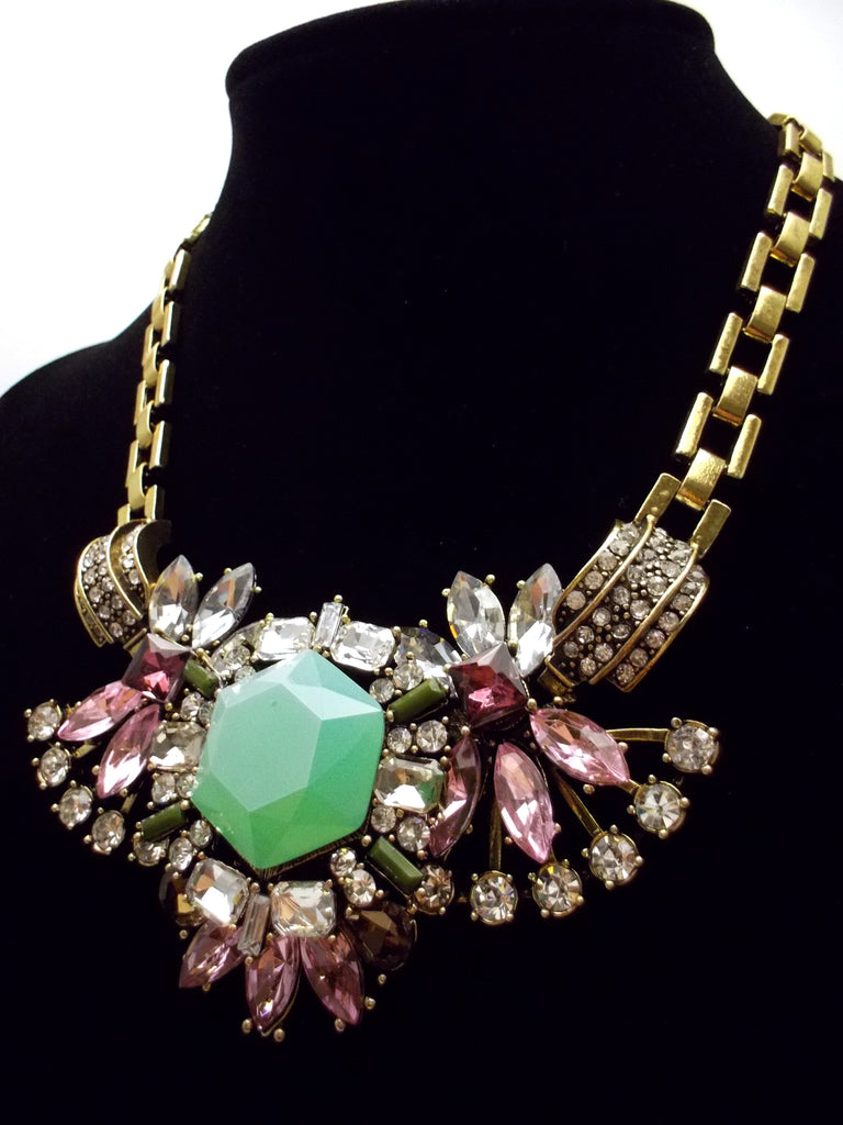 Luxe Crystal Compilation Statement Necklace- Mint & Pink