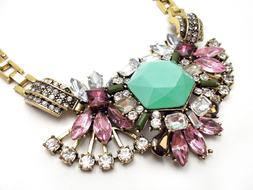 Luxe Crystal Compilation Statement Necklace- Mint & Pink