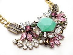 Luxe Crystal Compilation Statement Necklace- Mint & Pink
