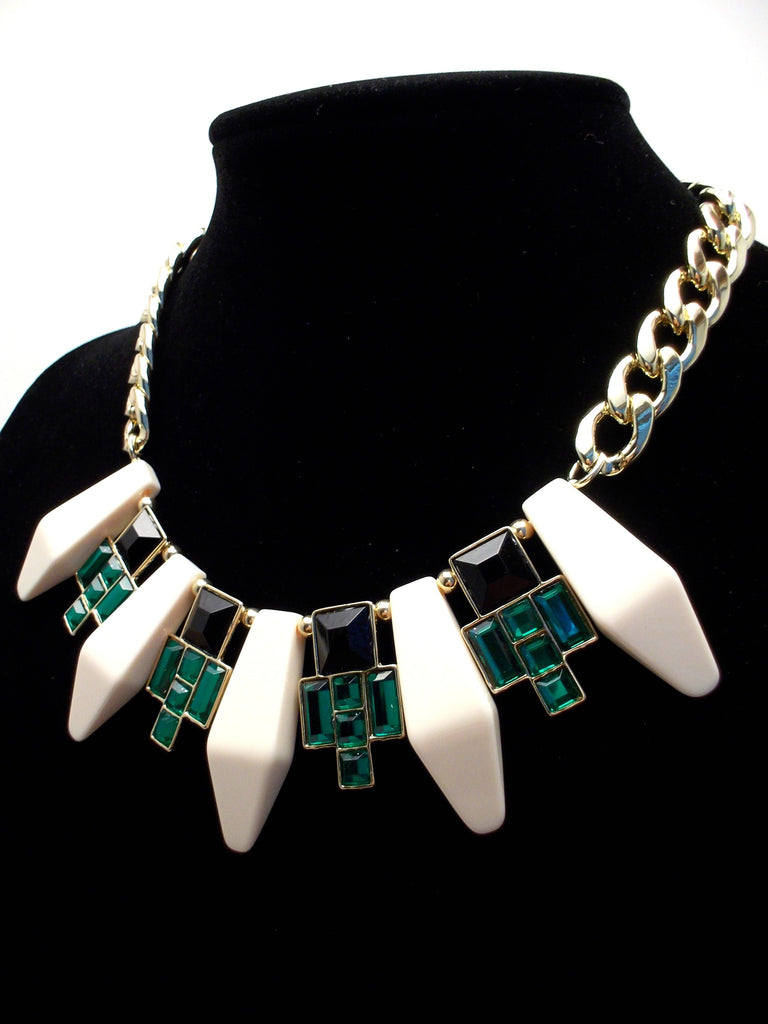 Tribal Geometric Jeweled Statement Necklace- Ivory