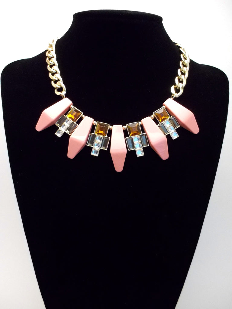 Tribal Geometric Jeweled Statement Necklace- Peach Coral