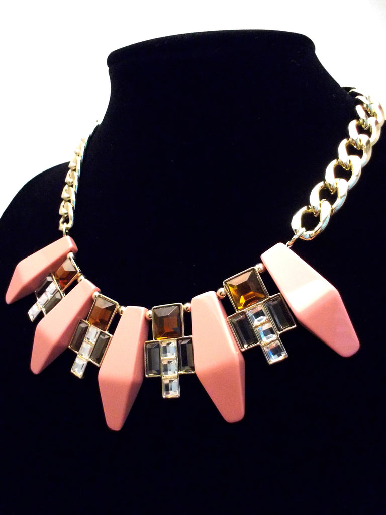 Tribal Geometric Jeweled Statement Necklace- Peach Coral