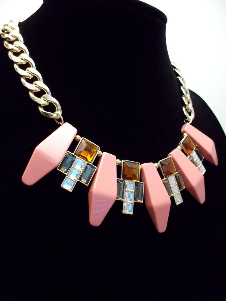 Tribal Geometric Jeweled Statement Necklace- Peach Coral