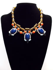 Colorful Beaded & Jeweled Statement Necklace- Brown & Navy