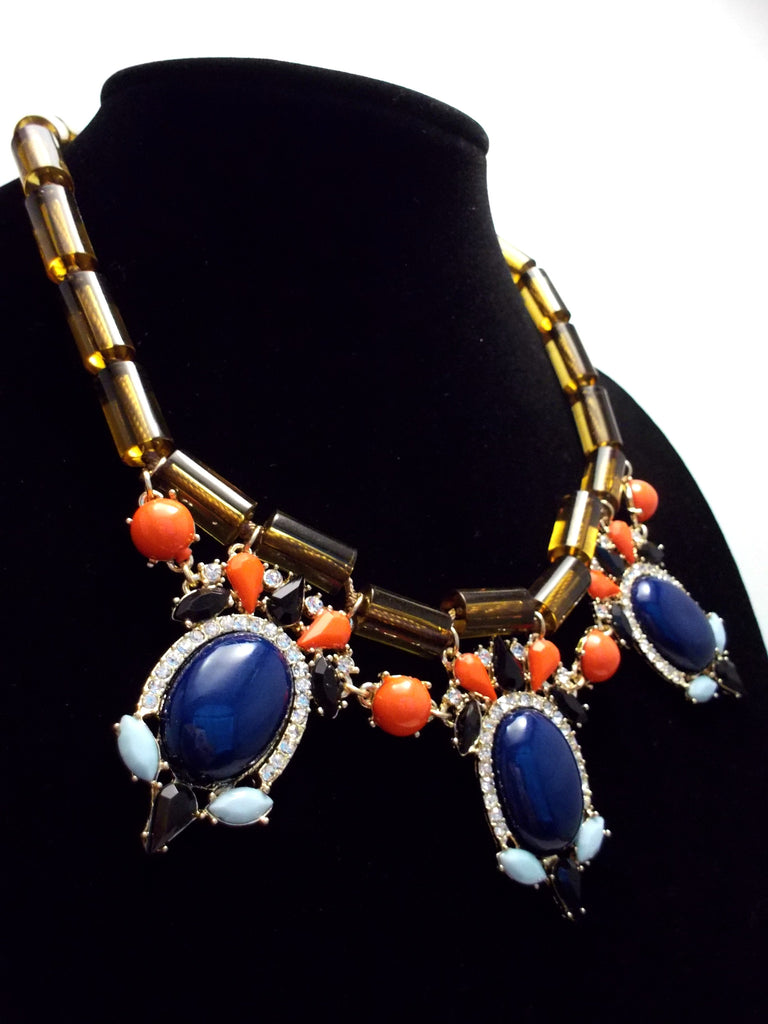 Colorful Beaded & Jeweled Statement Necklace- Brown & Navy