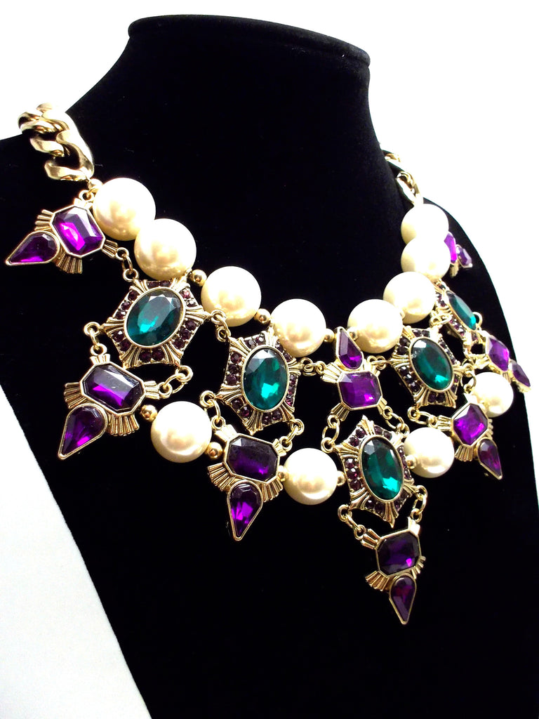 Luxe Chunky Pearl & Deco Jeweled Statement Necklace- Purple & Emerald