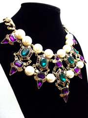 Luxe Chunky Pearl & Deco Jeweled Statement Necklace- Purple & Emerald
