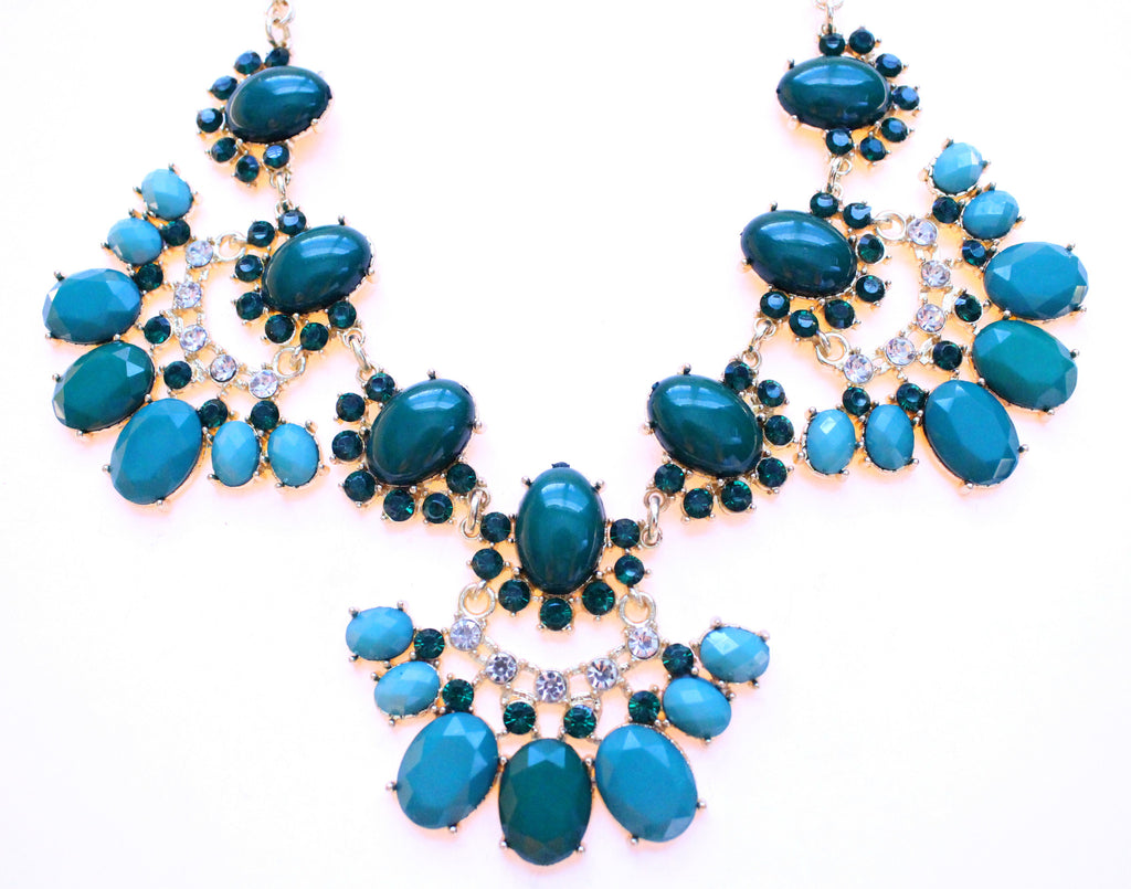 Stone & Crystal Fan Necklace- Green