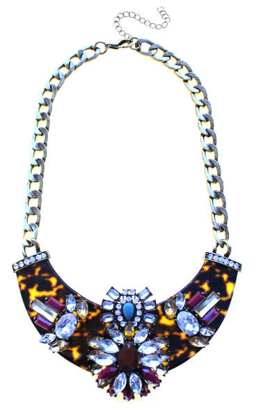 Luxe Embellished Tortoise Statement Necklace- Purple