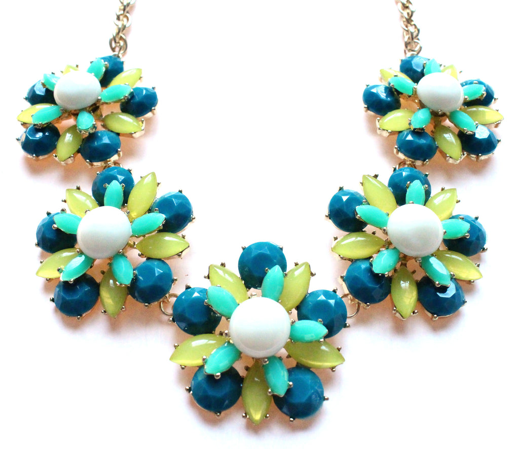 Floral Jeweled Gemstone Necklace- Teal