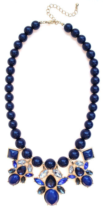 Beaded Mix Crystal Statement Necklace- Navy