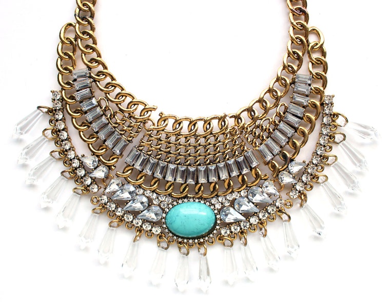 Turquoise Stone Boho Bib Necklace- Gold