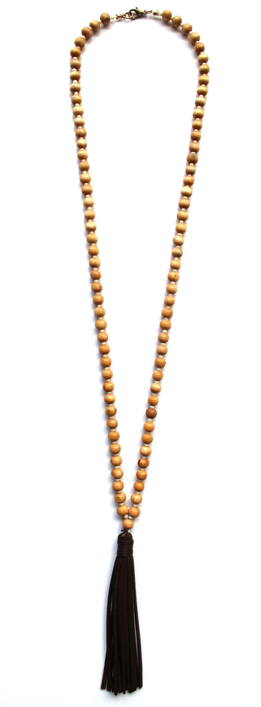 Beaded Leather Tassel Long Necklace- Light Brown