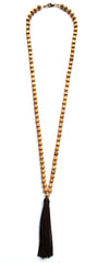 Beaded Leather Tassel Long Necklace- Light Brown
