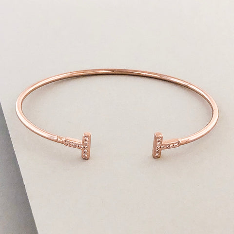 Delicate T Cuff Bracelet- Rose Gold