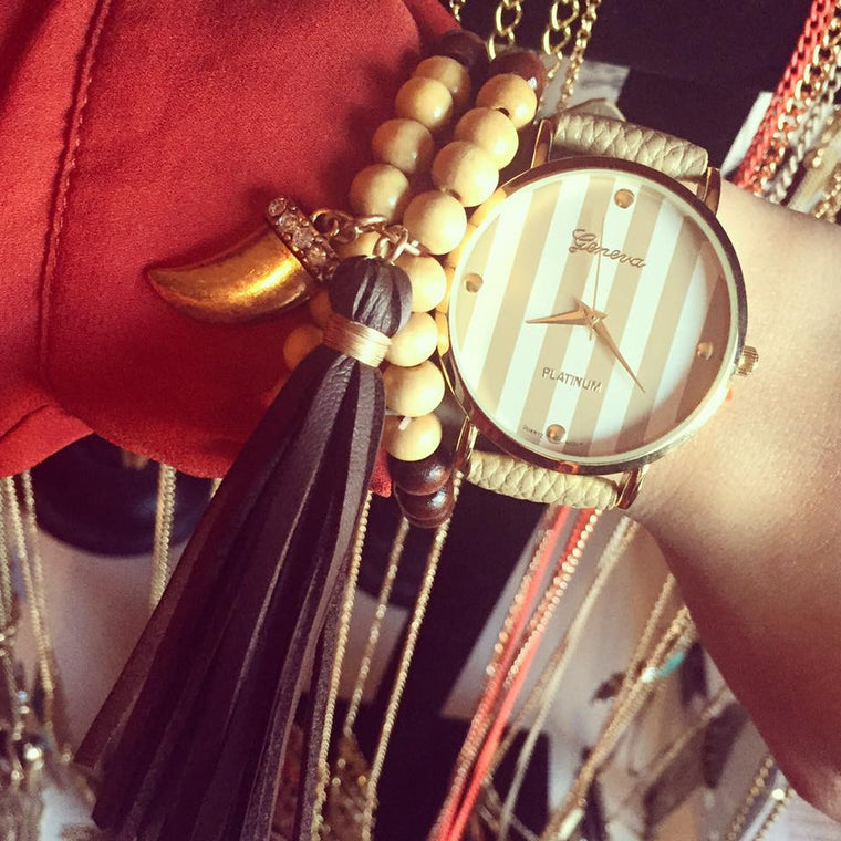 Beaded Leather Tassel Stretch Bracelet