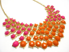 Colored Rhinestone Fan Statement Necklace- Pink & Orange