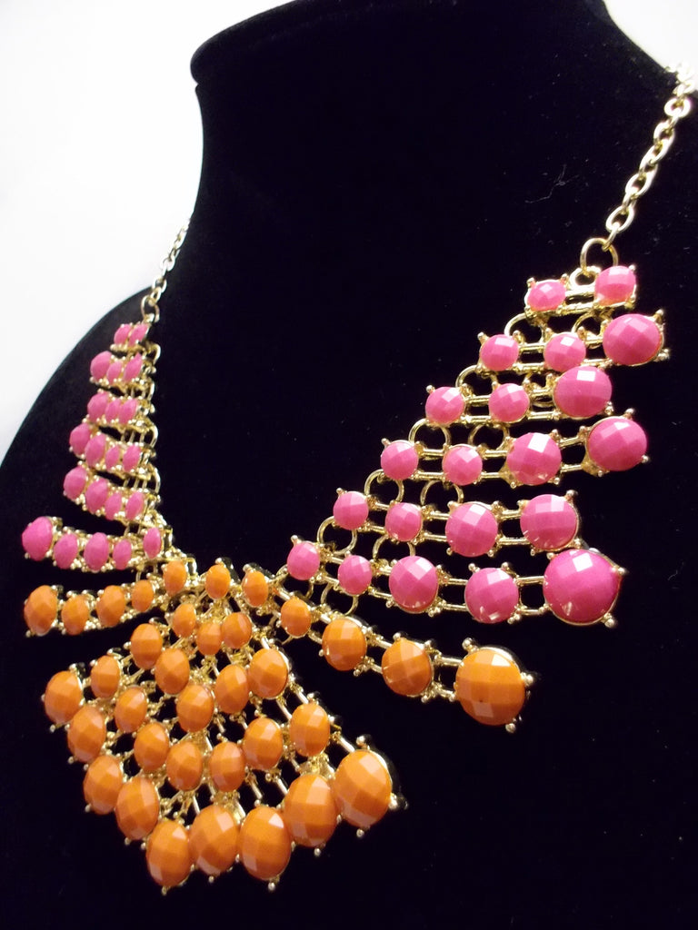 Colored Rhinestone Fan Statement Necklace- Pink & Orange