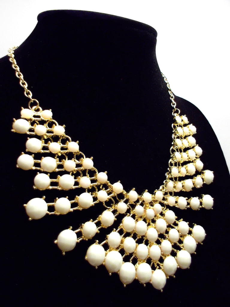 Colored Rhinestone Fan Statement Necklace- Ivory
