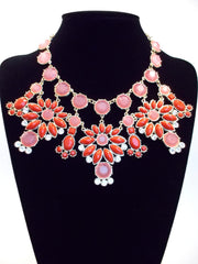 Jeweled Floral Snowflakes Statement Necklace- Red