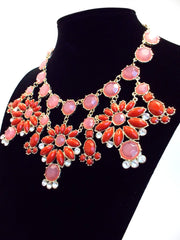 Jeweled Floral Snowflakes Statement Necklace- Red