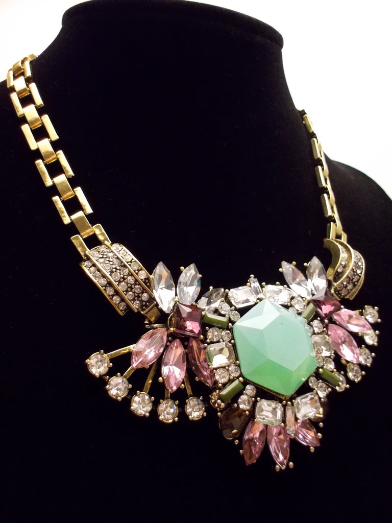 Luxe Crystal Compilation Statement Necklace- Mint & Pink
