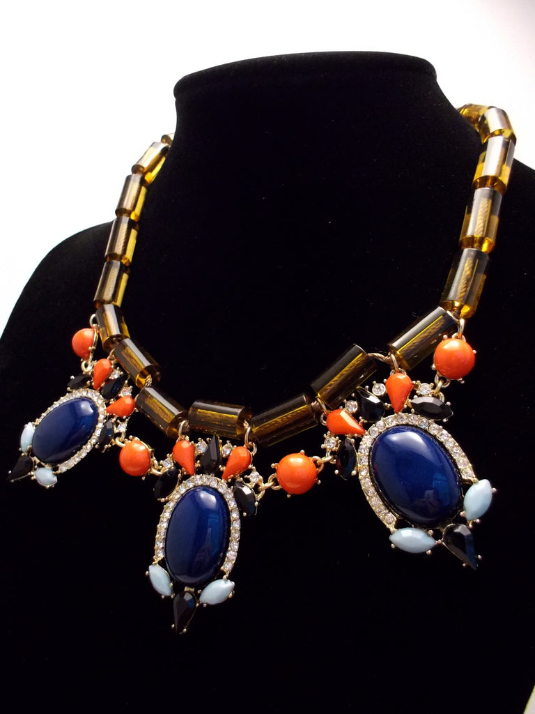 Colorful Beaded & Jeweled Statement Necklace- Brown & Navy