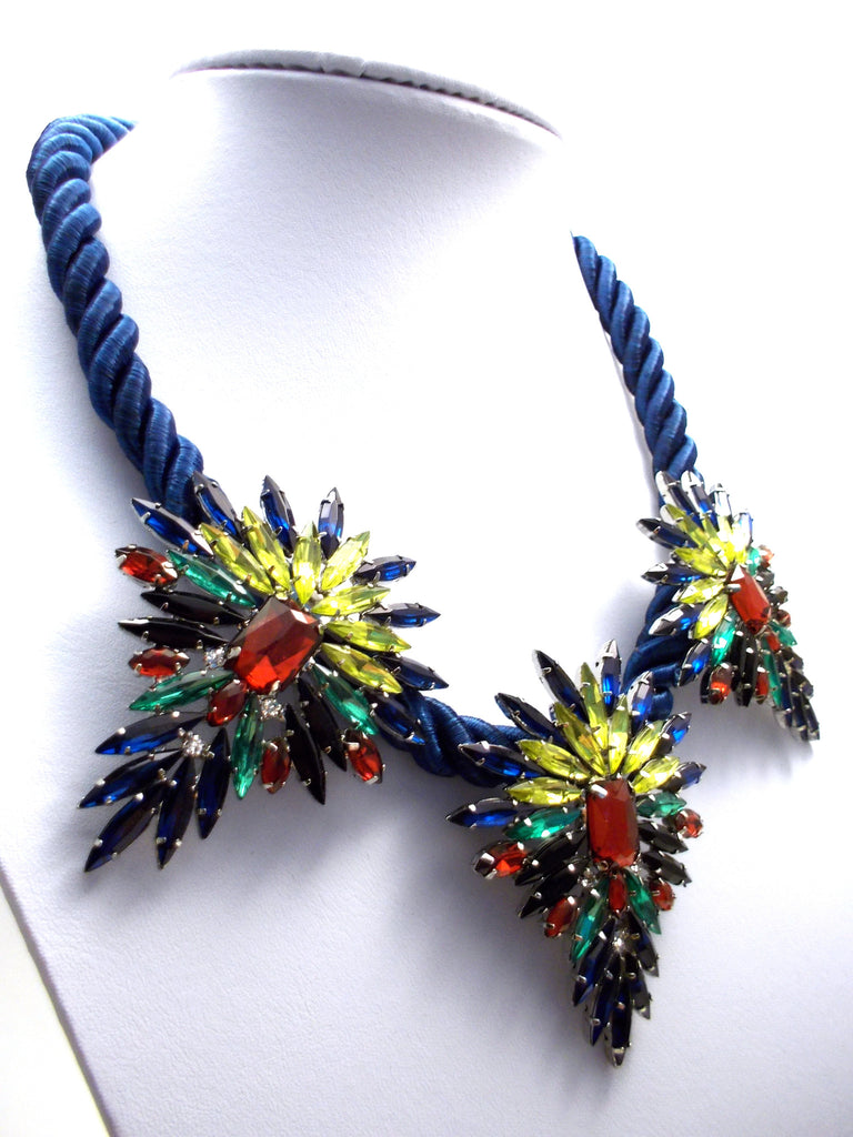 Three Pendant Rope Statement Necklace- Blue