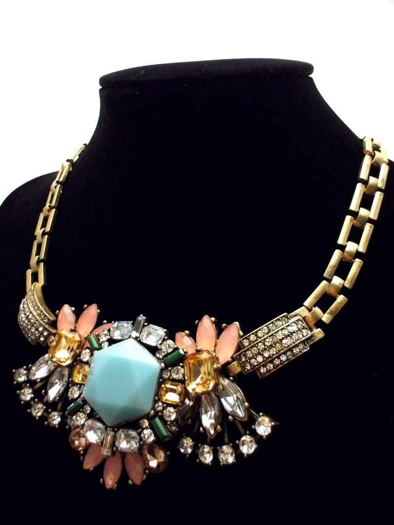 Luxe Crystal Compilation Statement Necklace- Light Blue