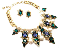 Luxe Chunky Pearl & Deco Jeweled Statement Necklace- Emerald & Sapphire