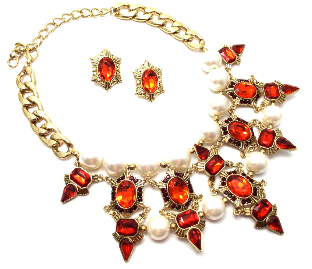 Luxe Chunky Pearl & Deco Jeweled Statement Necklace- Red