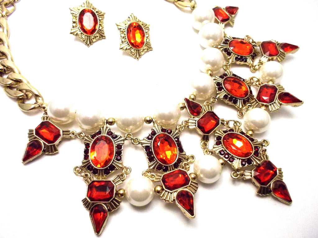 Luxe Chunky Pearl & Deco Jeweled Statement Necklace- Red