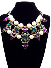 Luxe Chunky Pearl & Deco Jeweled Statement Necklace- Purple & Emerald