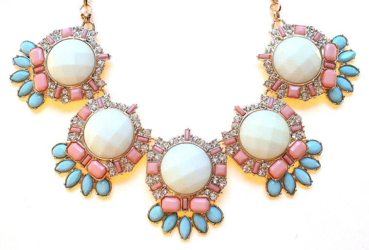 Jeweled Crystal Bloom Necklace- Pastel Mint & Pink