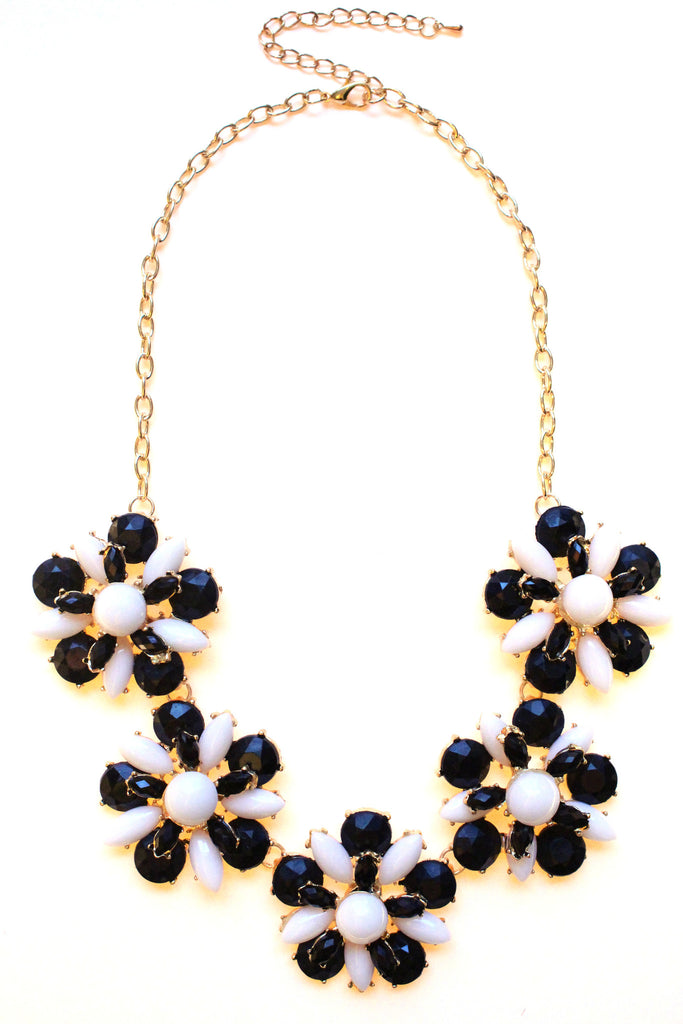 Floral Jeweled Gemstone Necklace- Black & White