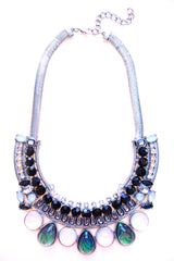 Crystal & Opal Bib Statement Necklace- Black & Silver