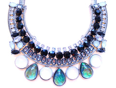 Crystal & Opal Bib Statement Necklace- Black & Silver