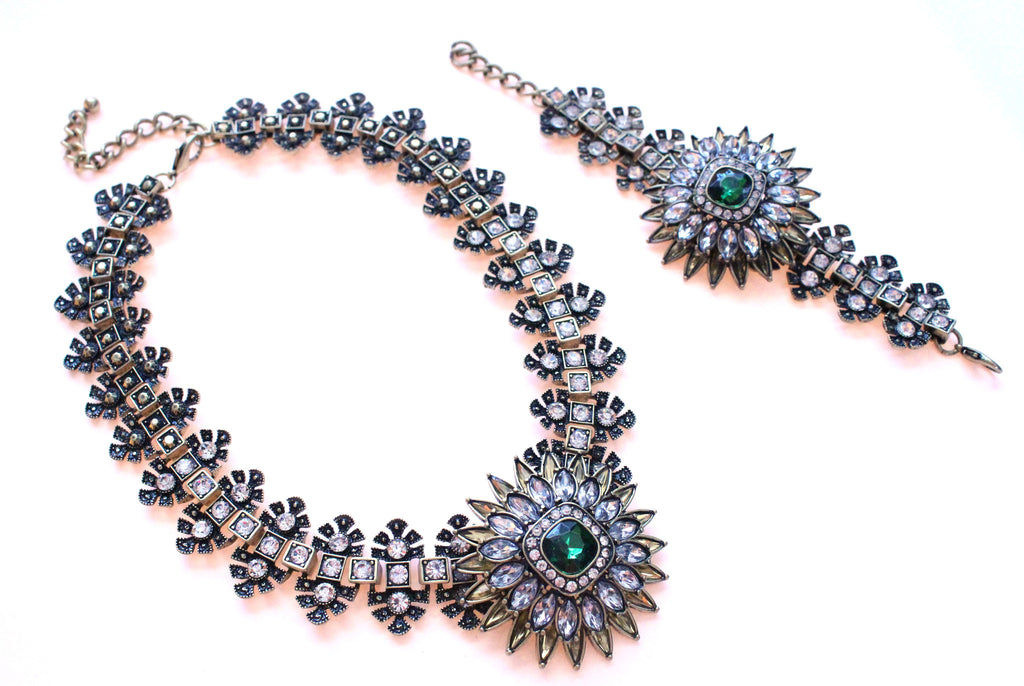 Luxe Crystal Flower Statement Necklace- Emerald