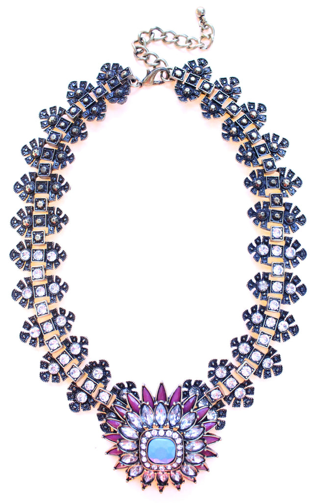 Luxe Crystal Flower Statement Necklace- Purple & Turquoise