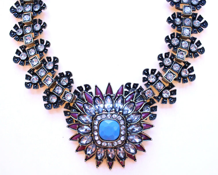 Luxe Crystal Flower Statement Necklace- Purple & Turquoise