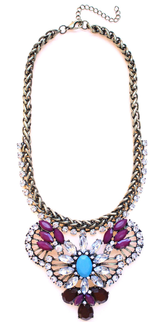Rustic Glam Crystal Pendant Statement Necklace-Purple & Turquoise