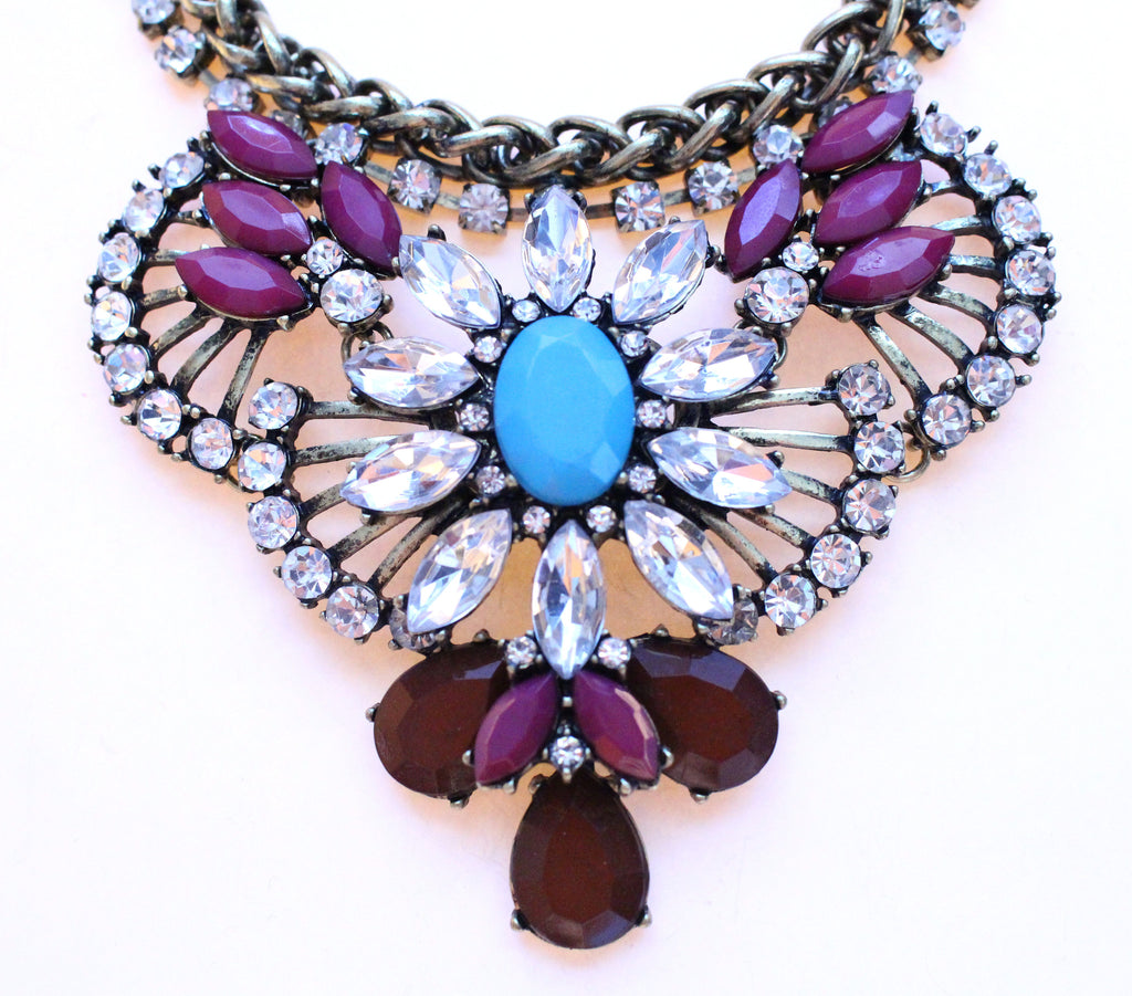 Rustic Glam Crystal Pendant Statement Necklace-Purple & Turquoise