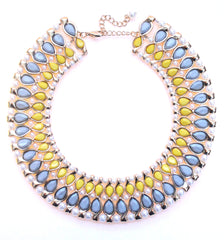 Beaded & Jeweled Collar Statement Necklace- Light Gray & Yellow