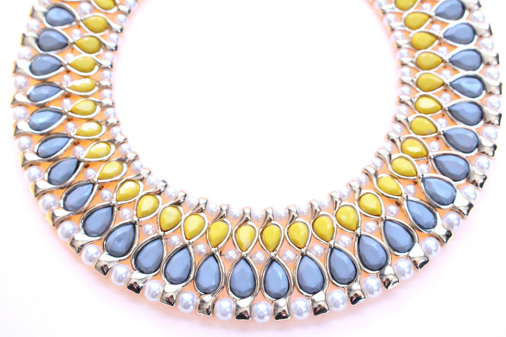 Beaded & Jeweled Collar Statement Necklace- Light Gray & Yellow