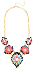 Tri-Color Blossoming Jeweled Necklace- Navy & Coral