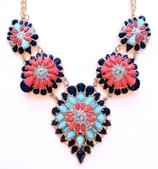 Tri-Color Blossoming Jeweled Necklace- Navy & Coral