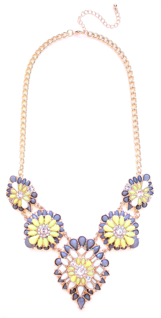 Tri-Color Blossoming Jeweled Necklace- Gray & Yellow